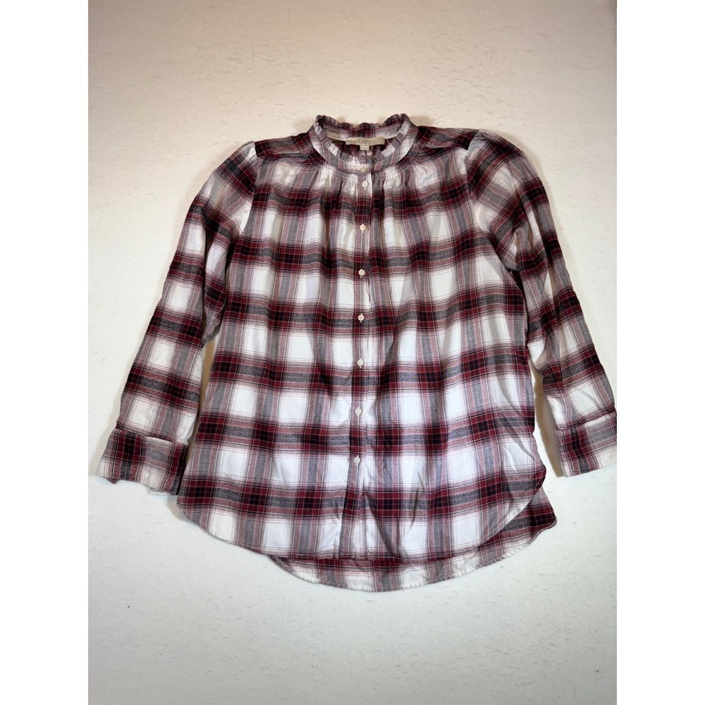 LOFT Plaid Button Up Shirt Womens Size Medium Ruffle Neck Long Sleeve